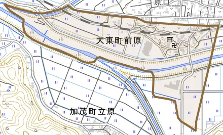 大東町前原とその周辺の地図。町の範囲を重ねている