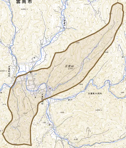 大東町南村とその周辺の地図。町の範囲を重ねている