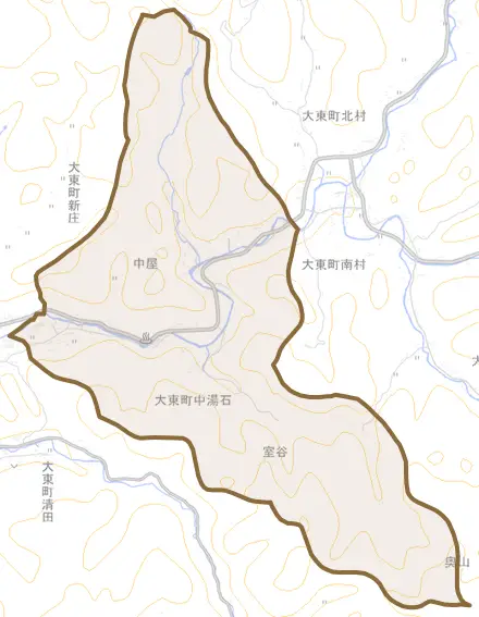 大東町中湯石とその周辺の地図。町の範囲を重ねている
