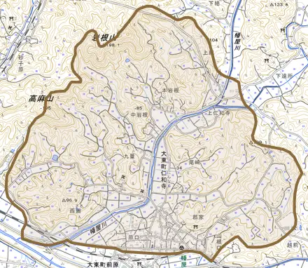大東町仁和寺とその周辺の地図。町の範囲を重ねている