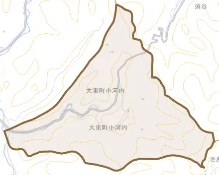 大東町小河内とその周辺の地図。町の範囲を重ねている