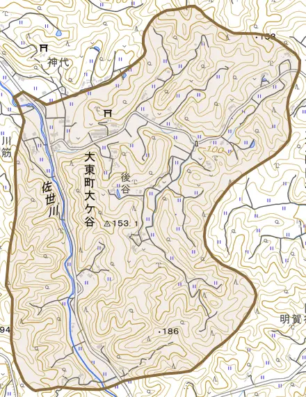 大東町大ケ谷とその周辺の地図。町の範囲を重ねている