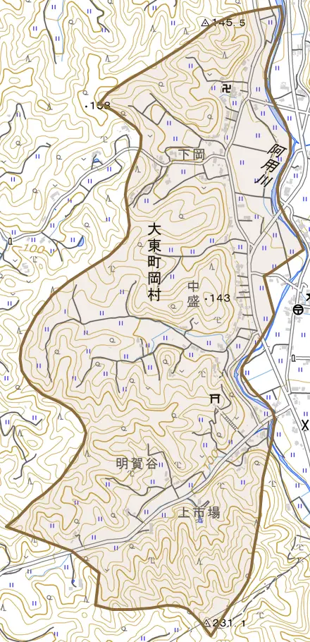 大東町岡村とその周辺の地図。町の範囲を重ねている
