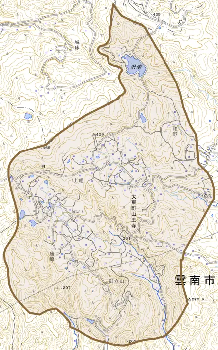 大東町山王寺とその周辺の地図。町の範囲を重ねている