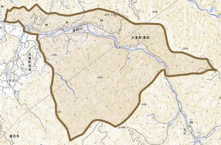 大東町清田とその周辺の地図。町の範囲を重ねている