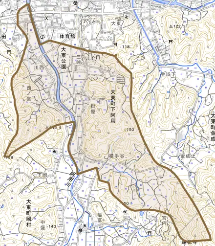 大東町下阿用とその周辺の地図。町の範囲を重ねている