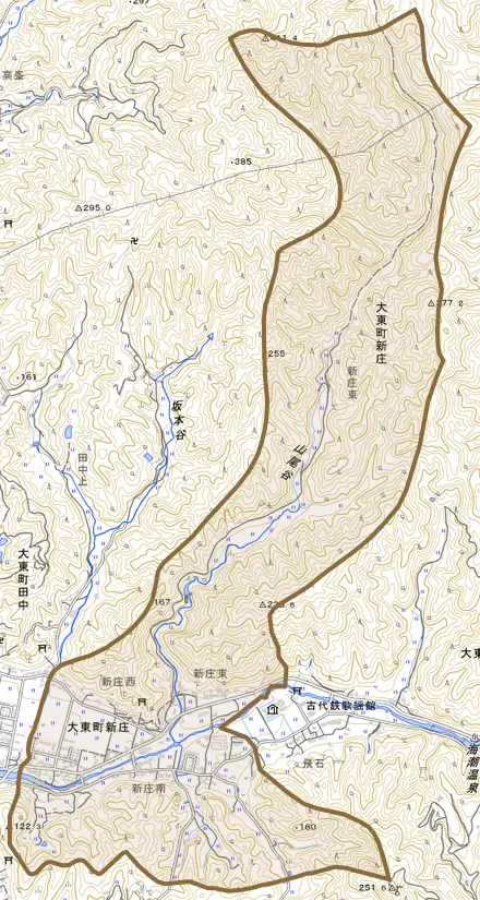 大東町新庄とその周辺の地図。町の範囲を重ねている