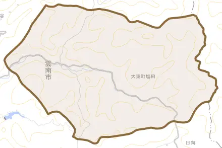 大東町塩田とその周辺の地図。町の範囲を重ねている