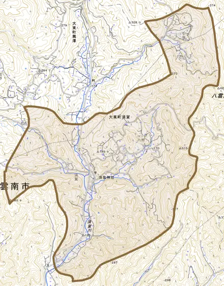 大東町須賀とその周辺の地図。町の範囲を重ねている
