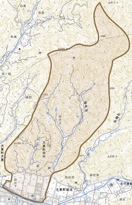 大東町田中とその周辺の地図。町の範囲を重ねている
