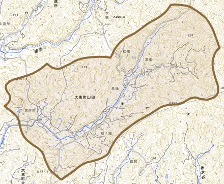 大東町山田とその周辺の地図。町の範囲を重ねている