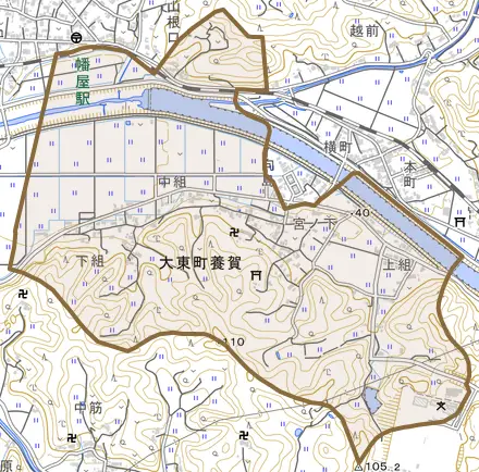 大東町養賀とその周辺の地図。町の範囲を重ねている