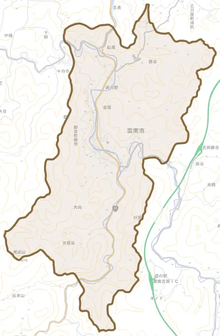 掛合町掛合とその周辺の地図。町の範囲を重ねている