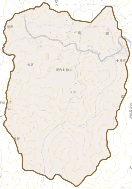 掛合町松笠とその周辺の地図。町の範囲を重ねている