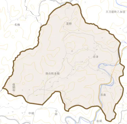 掛合町多根とその周辺の地図。町の範囲を重ねている