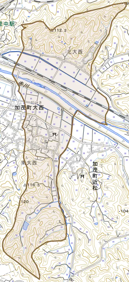 加茂町大西とその周辺の地図。町の範囲を重ねている