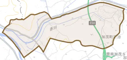 加茂町神原とその周辺の地図。町の範囲を重ねている