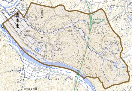 加茂町三代とその周辺の地図。町の範囲を重ねている