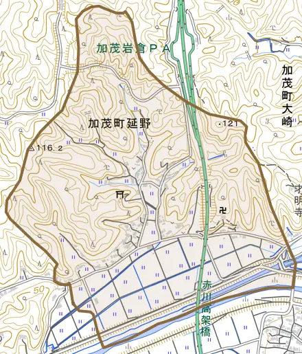 加茂町延野とその周辺の地図。町の範囲を重ねている