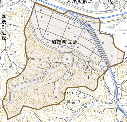 加茂町立原とその周辺の地図。町の範囲を重ねている