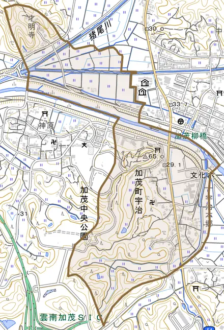 加茂町宇治とその周辺の地図。町の範囲を重ねている