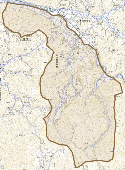 木次町東日登とその周辺の地図。町の範囲を重ねている
