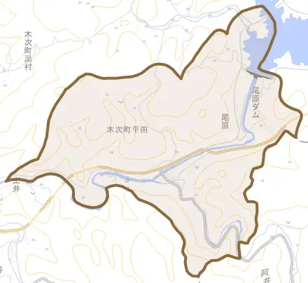 木次町平田とその周辺の地図。町の範囲を重ねている