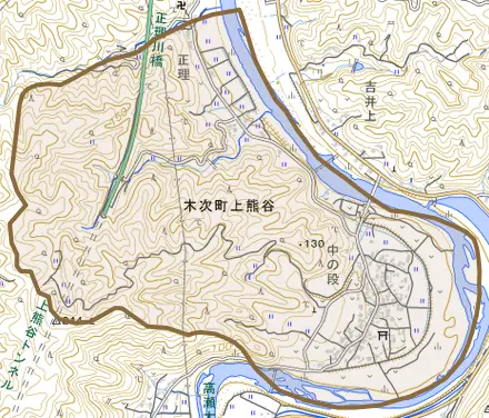 木次町上熊谷とその周辺の地図。町の範囲を重ねている