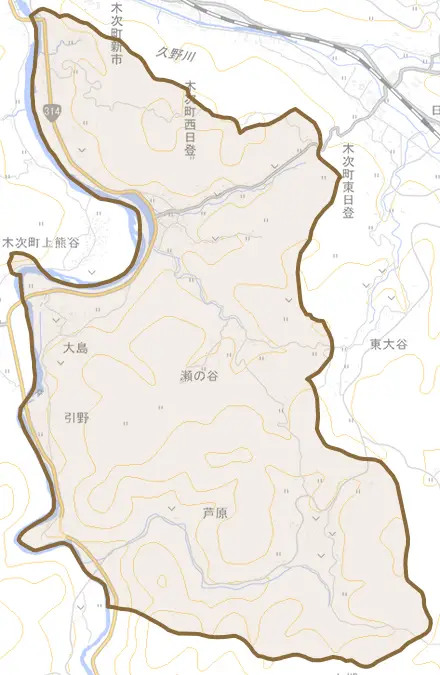 木次町西日登とその周辺の地図。町の範囲を重ねている