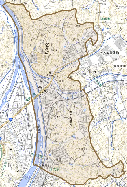 木次町里方とその周辺の地図。町の範囲を重ねている