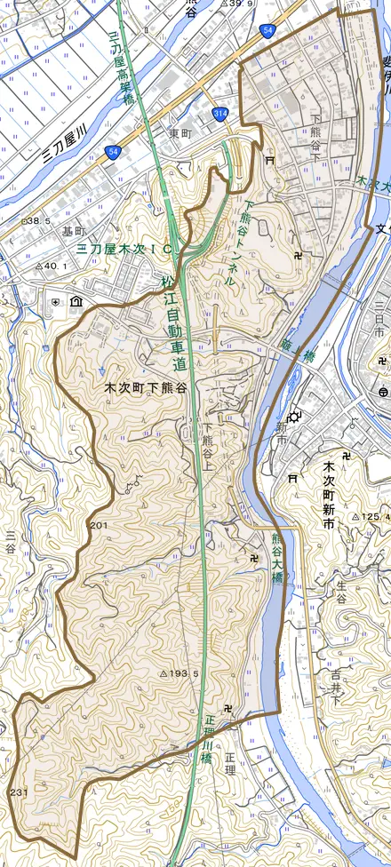 木次町下熊谷とその周辺の地図。町の範囲を重ねている