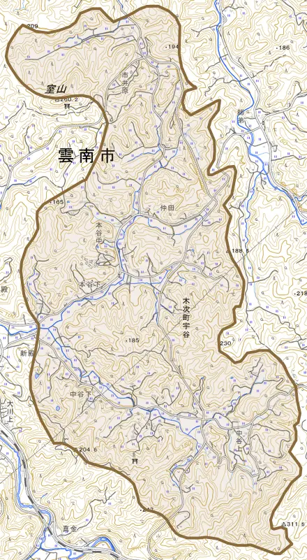 木次町宇谷とその周辺の地図。町の範囲を重ねている