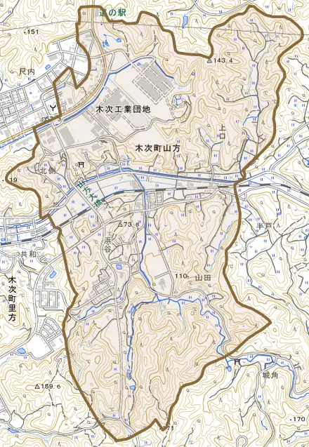 木次町山方とその周辺の地図。町の範囲を重ねている