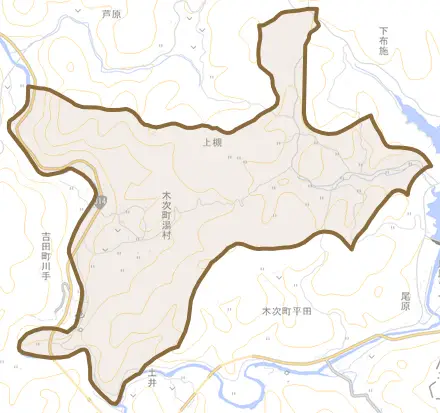 木次町湯村とその周辺の地図。町の範囲を重ねている