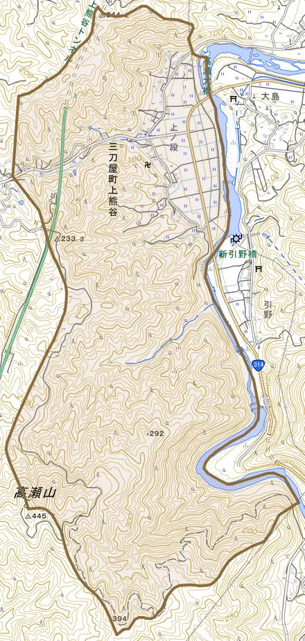 三刀屋町上熊谷とその周辺の地図。町の範囲を重ねている