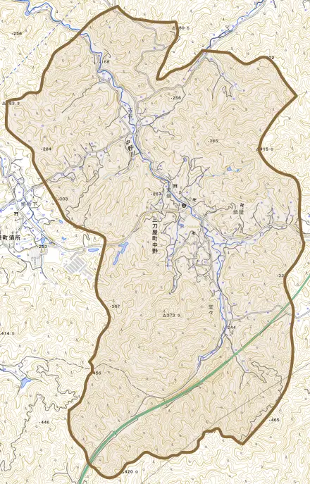 三刀屋町中野とその周辺の地図。町の範囲を重ねている