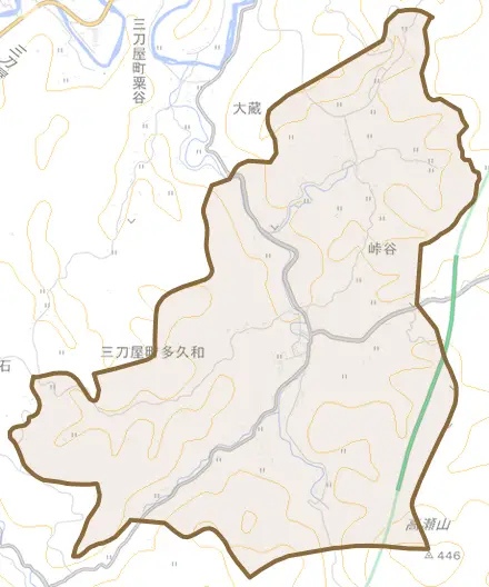 三刀屋町多久和とその周辺の地図。町の範囲を重ねている