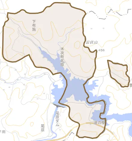 木次町北原とその周辺の地図。町の範囲を重ねている
