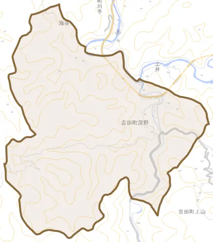 吉田町深野とその周辺の地図。町の範囲を重ねている