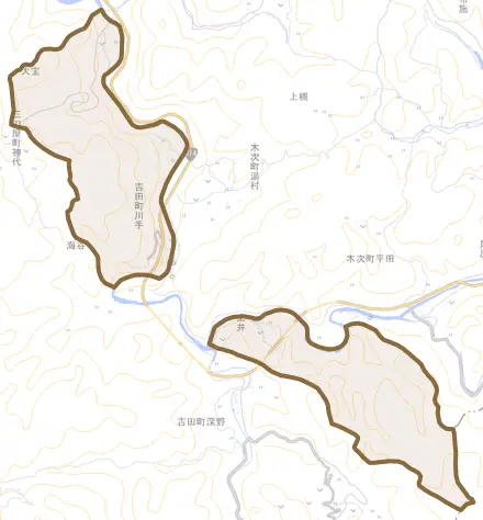 吉田町川手とその周辺の地図。町の範囲を重ねている