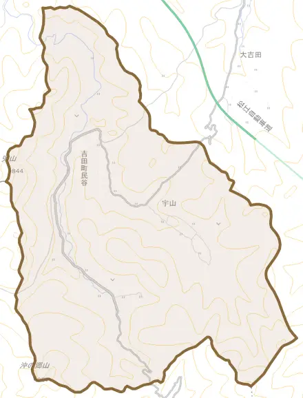 吉田町民谷とその周辺の地図。町の範囲を重ねている