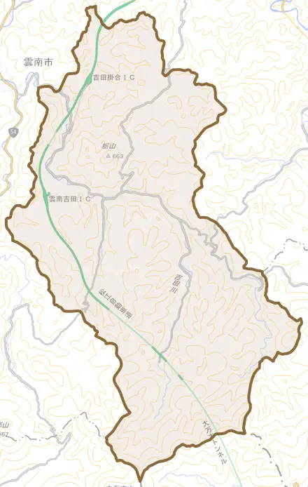 吉田町吉田とその周辺の地図。町の範囲を重ねている