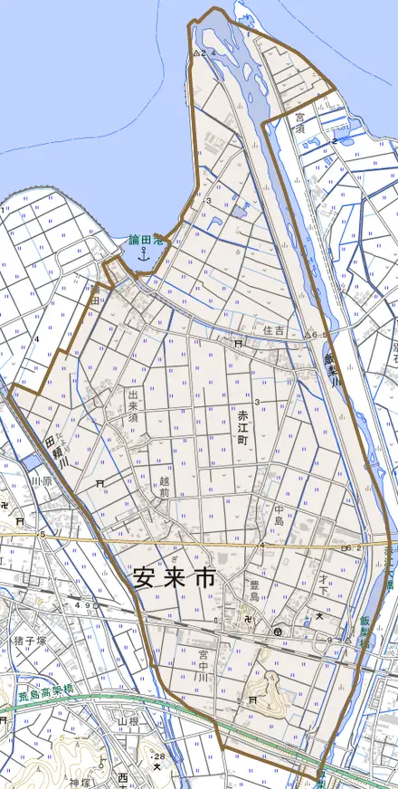 赤江町とその周辺の地図。町の範囲を重ねている
