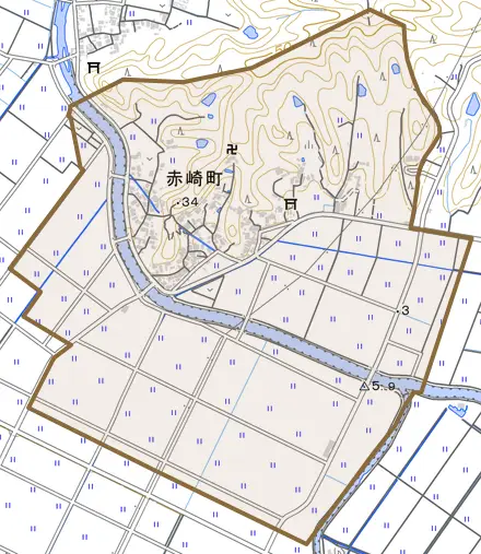 赤崎町とその周辺の地図。町の範囲を重ねている