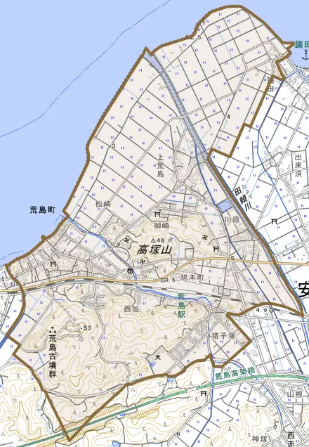 荒島町とその周辺の地図。町の範囲を重ねている