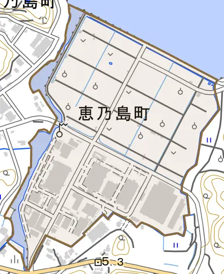 恵乃島町とその周辺の地図。町の範囲を重ねている