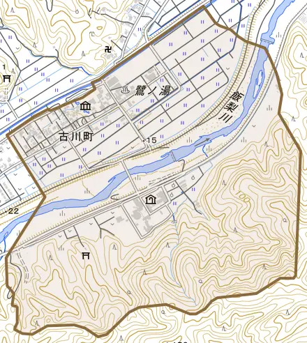 古川町とその周辺の地図。町の範囲を重ねている