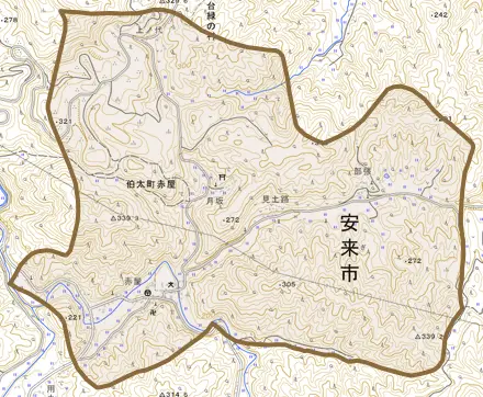 伯太町赤屋とその周辺の地図。町の範囲を重ねている
