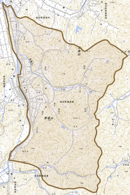 伯太町東母里とその周辺の地図。町の範囲を重ねている