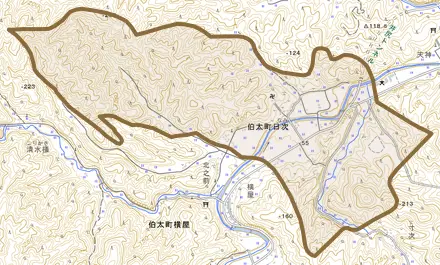 伯太町日次とその周辺の地図。町の範囲を重ねている